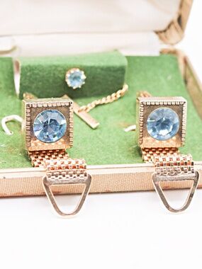 Gold-Tone Aquamarine Blue Topaz  Cufflinks with Matching Tie Pin